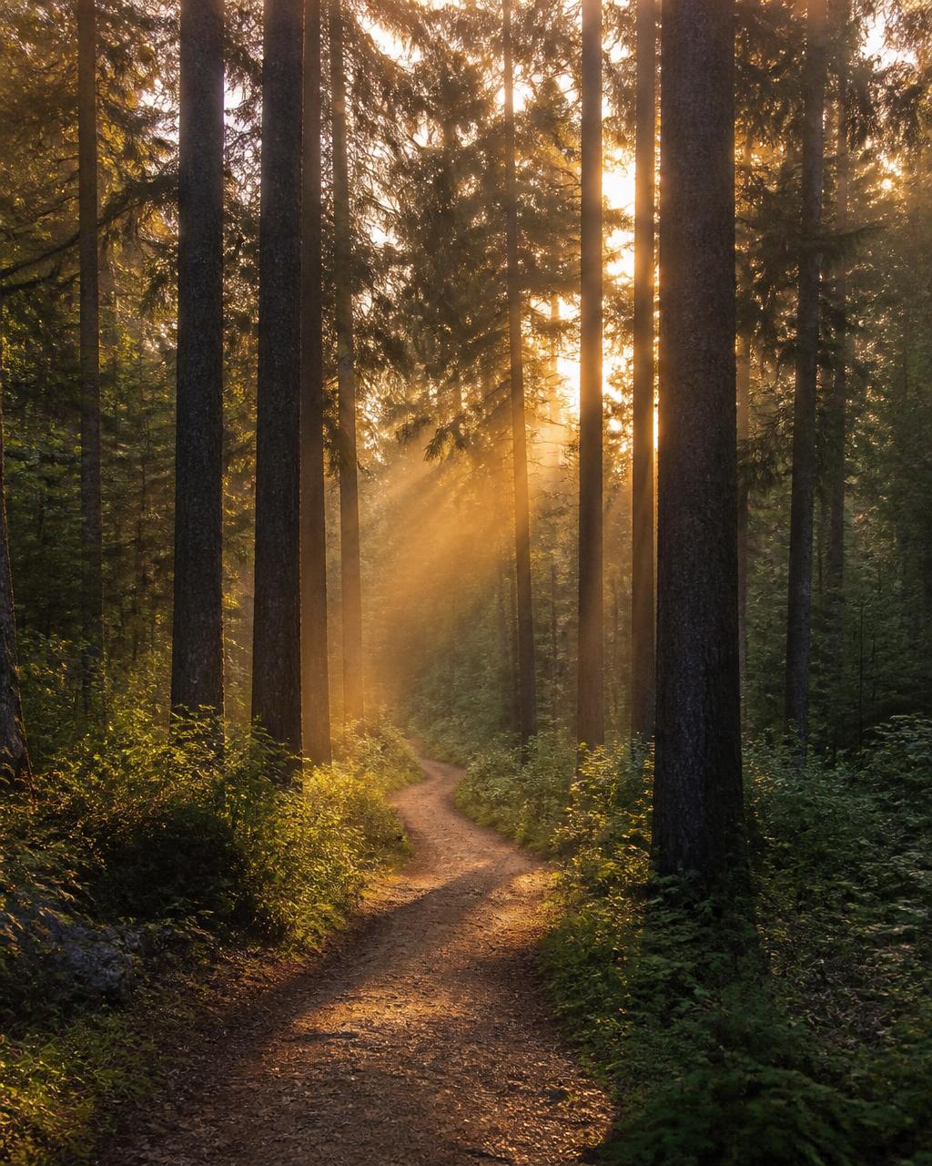 A sunlit forest path winding toward a bright mountain horizon at sunrise